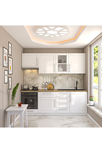 DEKOREX Pia Beyaz 225 Cm Beyaz Aspiratör Ve Fırın Modüllü Meşe Tezgahlı Hazır...