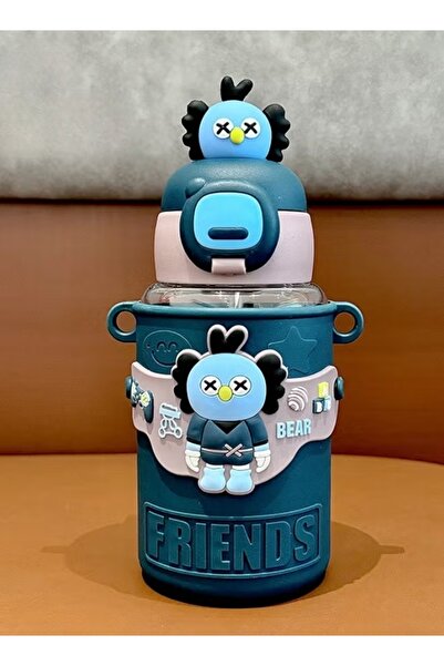 CARTOON كوب ماء شفاف للأطفال للاستخدام الخارجي مضاد للسقوط، كوب ماء على شكل دمية، 600 مل - أخضر غامق