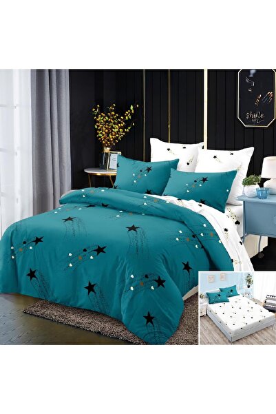 OEM Bed linen, 2 people, fine, 6 pieces, with elastic, blue and white, with black stars, LEL142