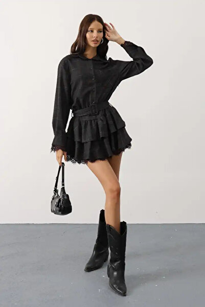 cemo Ekose Desen Kemerli Dantel Detaylı Elbise