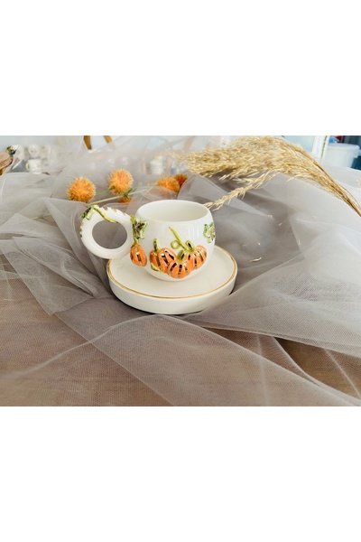 Bayerseramik Seramik El Yapımı 24K Altın Kaplama Duble Boy Bal Kabağı Fincan