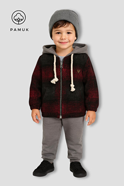 HK HOPKİDS Boys' Plaid Patterned Hooded Winter Top and Bottom Set