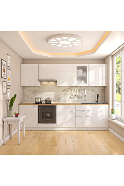DEKOREX Elsa Serisi 285 Cm Beyaz Aspiratör Ve Fırın Modüllü Meşe Tezgahlı Hazır Mutfak Ls-285asp-mt