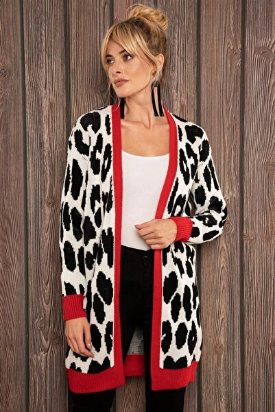 TRQOM Women's Leopard Print Long Knit Cardigan Coral