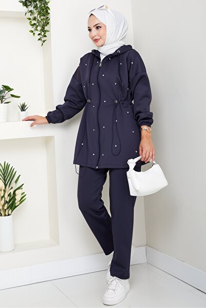 Bestenur Stone Detail Tunnel Belted Scuba Suit 1594 - Navy Blue