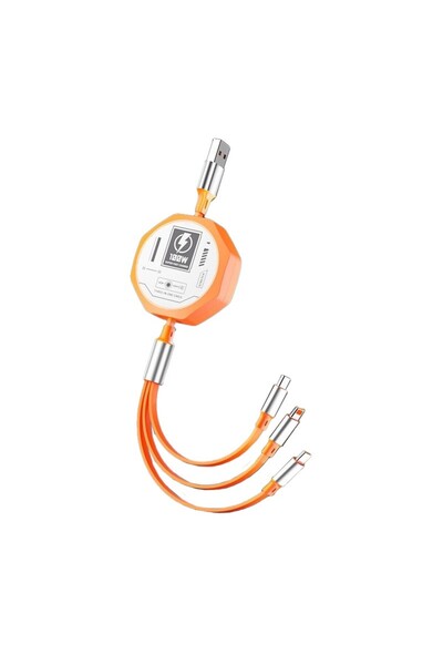 Universal 3-in-1 Retractable 100W Fast Charging Cable, Mecha Style, Universal, 1.2m, Orange