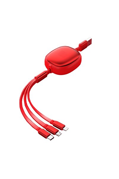 Flippy Universal Retractable 3-in-1 Phone Cable, Micro-USB/Lightning/USB-C, 1.2m, Red