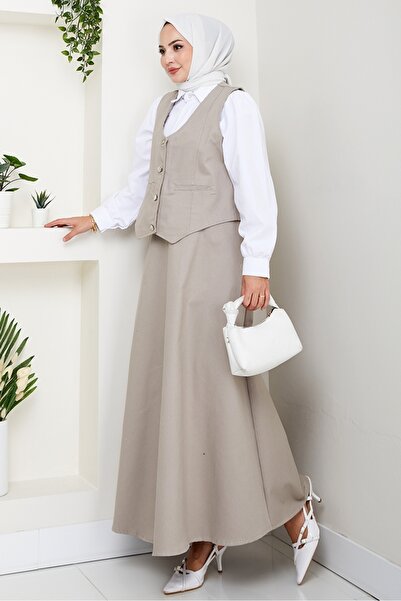 Bestenur Double Gabardine Vest Skirt Set 1400 - Stone