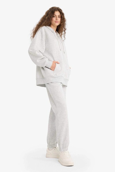 DeFacto S7370 Gri Standart Fit Kalın Jogger Eşofman Altı Bel Paça Lastikli Basic Düz Uzun Boy