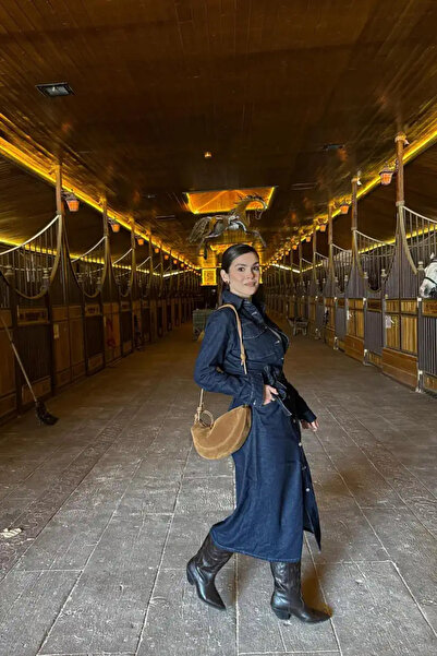 cemo Button Detailed Denim Dress with Belted Waist Ri̇ns Wash