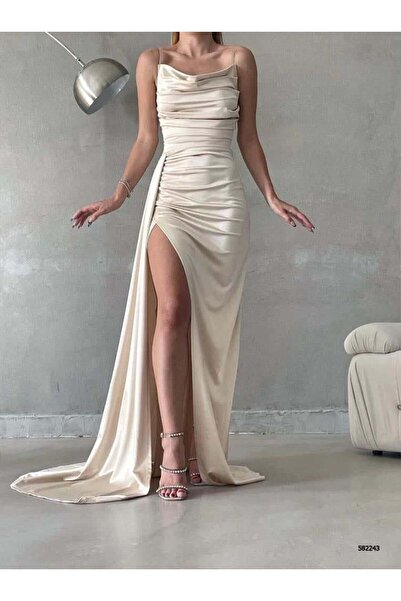 Modafeminen Φόρεμα με λεπτές τιράντες και σατέν στο στήθος μπεζ 582243