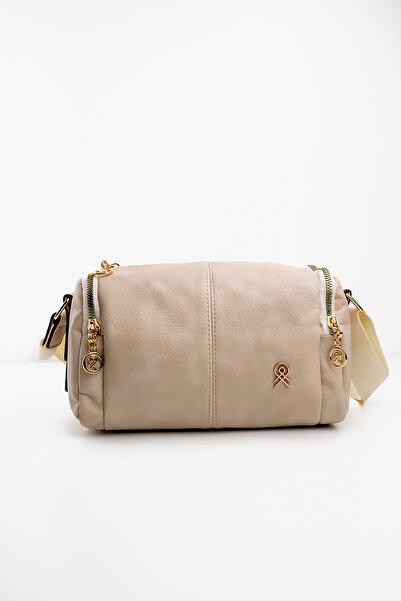 Cochines Women's Cream Leather Cylinder Cross Shoulder Bag with 3 Compartments, Lining, Adjustable Column Strap