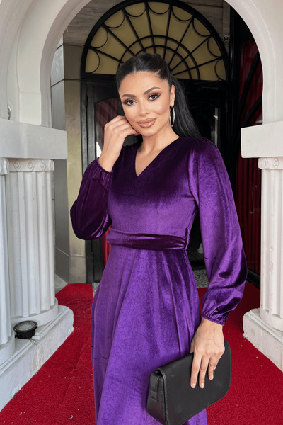 giyimmasalı Velvet Fabric V-Neck Midi Dress - Patlican Purple