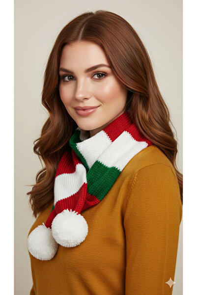 drt tasarım Red Green White Double Layer Pompom Single Scarf New Year Concept