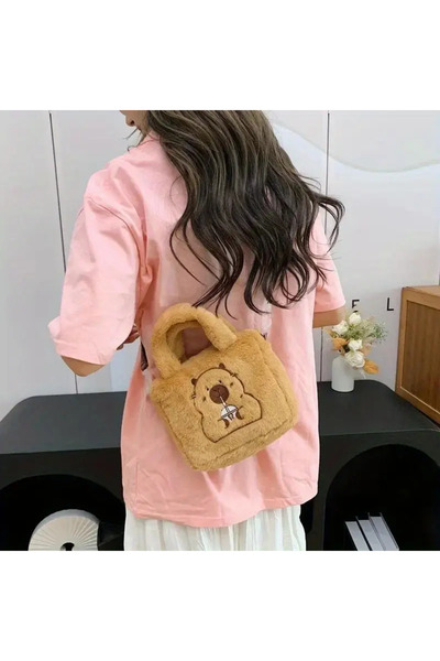 Mucha Sevimli Kapibara Peluş Omuz Çantası - Haki, Ayarlanabilir Askılı, Crossbody Çanta Fermuarlı