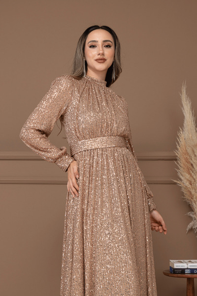 BEYBOS Pul Tül Payet Kumaş Büzgü Detaylı Kiloş Elbise - BRONZ