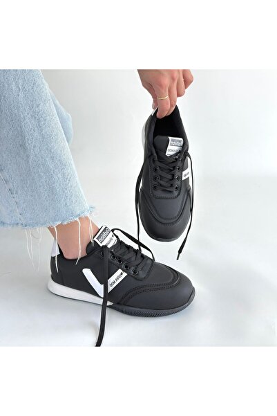 Erbilden Jowen Black Leather White Detailed Lace-Up Sneakers