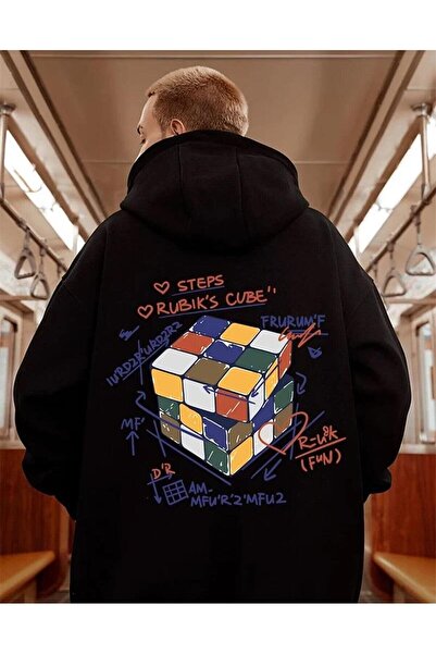 Le Savu Cubul Rubik cu imprimeu Culoare neagră cu glugă Swea tricou