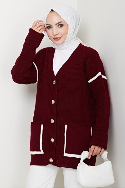 Bestenur İlge Buttoned Knitwear Cardigan 1597 - Burgundy