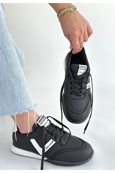 Erbilden Jowen Black Leather White Detailed Lace-Up Sneakers