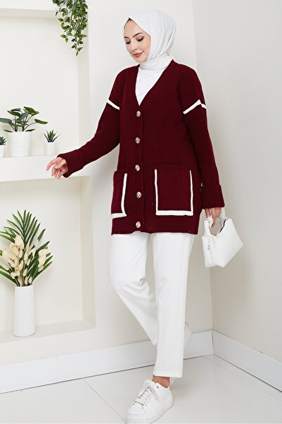 Bestenur İlge Buttoned Knitwear Cardigan 1597 - Burgundy