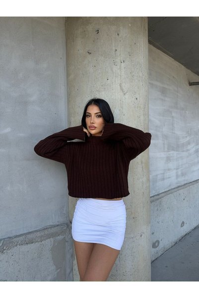 Noi Belis High Neck Wick Knit Detailed Crop Length Knitwear Sweater Aw25Kz0046