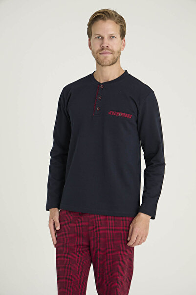 KLY %100 Pamuk Erkek Kalın Büyük Beden Midi Yaka Pijama Takımı Şık Tasarım