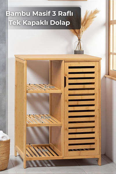 Sevinse Home Bambu Masif 3 Raflı Tek Kapaklı Dolap Çok Amaçlı Düzenleyici Org...
