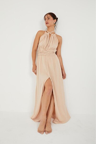 CAN ÇAPAR Women's Slit Detailed Backless Muslin Fabric Dress