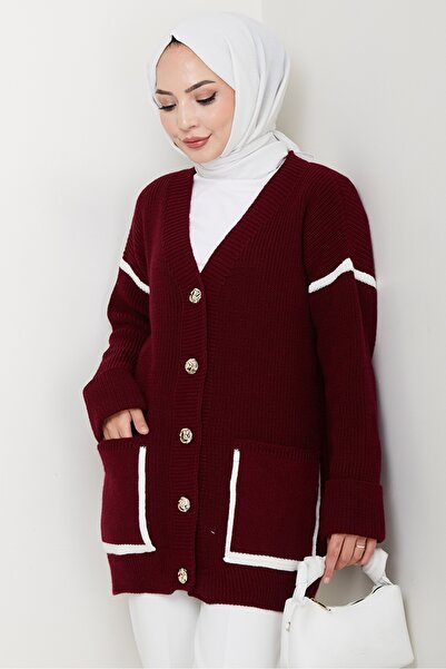 Bestenur İlge Buttoned Knitwear Cardigan 1597 - Burgundy