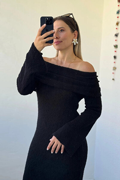 Kubos Moda Μαύρο βαμβακερό φόρεμα με ισπανικό πλεκτό μανίκι Madonna Collar