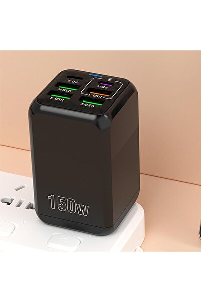 Flippy ® Multifunctional Charger, 6 Ports (2x PD Type-C + 4x USB), 150W, Fast Charge, Black