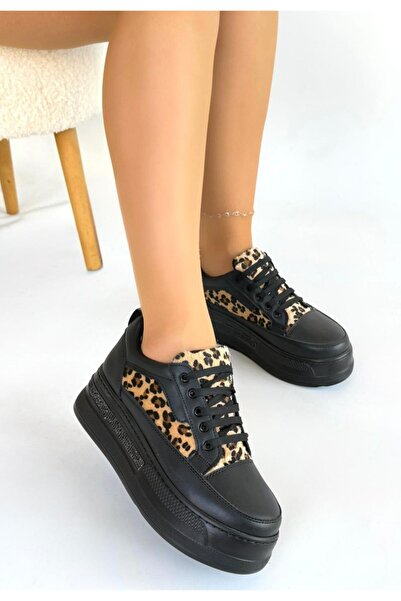 Erbilden Lorrin Black Leather Leopard Detailed Lace-Up Sneakers