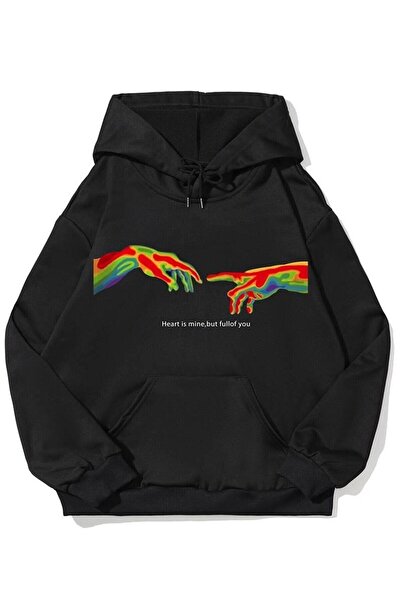 Le Savu هارت إز ماين مطبوع سويت شيرت أسود اللون بغطاء رأس