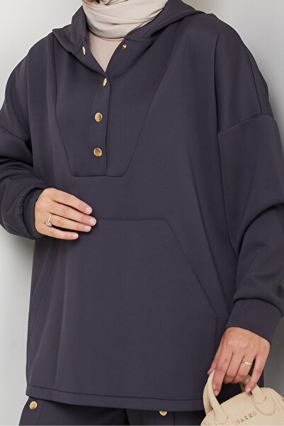 Bestenur Hooded Button Detailed Scuba Suit 1592 - Anthracite