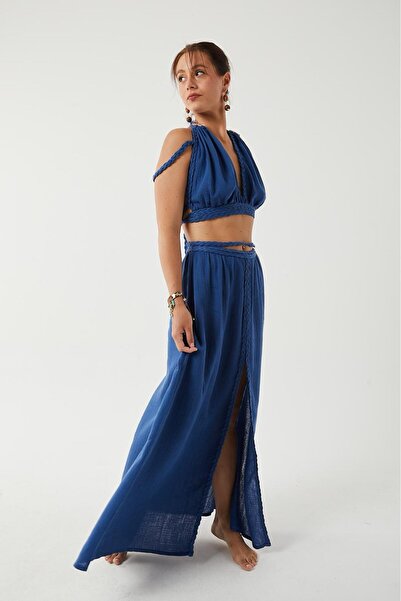 CAN ÇAPAR تنورة ماكسي نسائية بفتحة جانبية وتوب قصير بتفاصيل شبكية مع ربطة، طق...