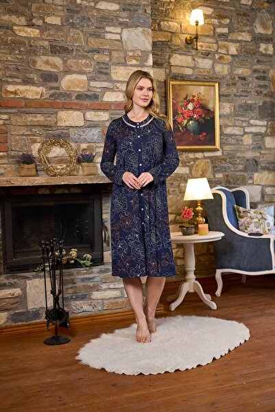 Cossy By Aqua Long Sleeve Front Buttoned Plus Size Nightgown Cossybyaqua 26349-52 - Dark Blue Pattern