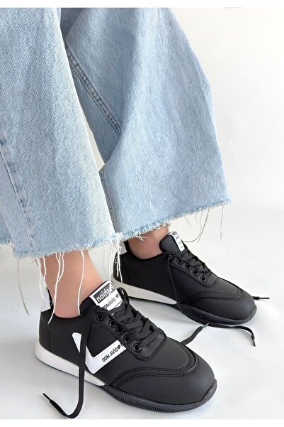 Erbilden Jowen Black Leather White Detailed Lace-Up Sneakers