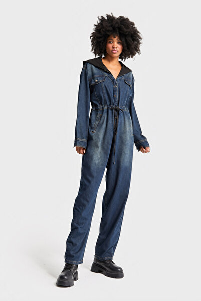 its basic Kadın T.Kot Rengi Bol Kesim Kapişonlu Özel Tasarım Denim Tulum