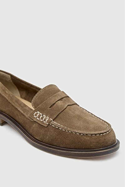 Lara Lofi Vizon rengi hakiki süet deri kadın loafer ayakkabı 7701