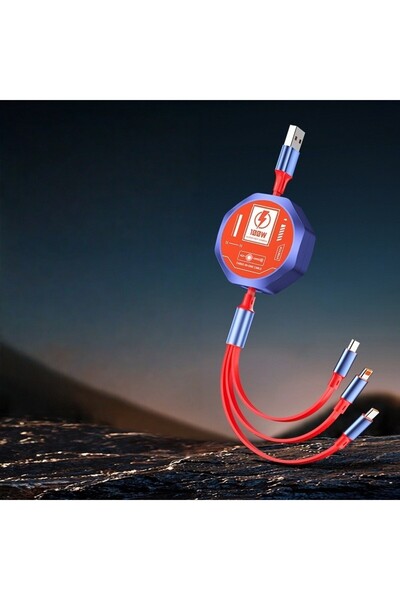 Universal 3-in-1 Retractable Fast Charging Cable 100W, Mecha Style, 1.2m, Red/Blue