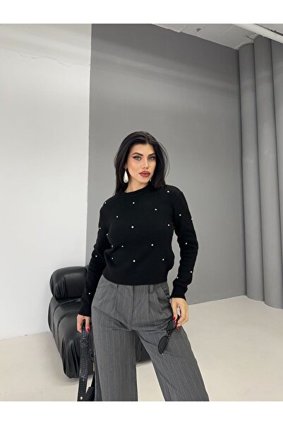 DİMA FASHİON Serpme Stone-Detail Knitted Tricot Sweater