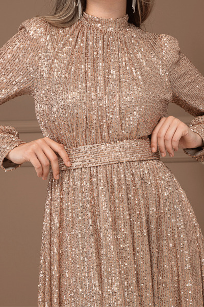 BEYBOS Pul Tül Payet Kumaş Büzgü Detaylı Kiloş Elbise - BRONZ