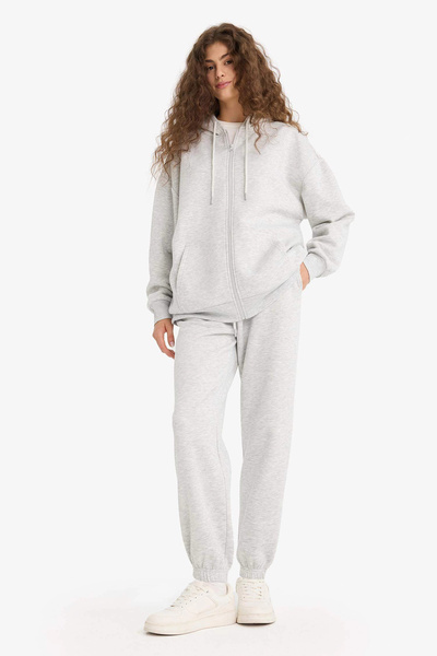 DeFacto S7370 Gri Standart Fit Kalın Jogger Eşofman Altı Bel Paça Lastikli Basic Düz Uzun Boy