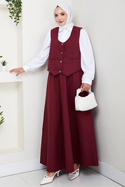 Bestenur Double Gabardine Vest Skirt Set 1400 - Burgundy