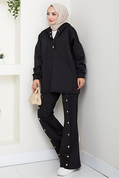 Bestenur Hooded Button Detailed Scuba Suit 1592 - Black