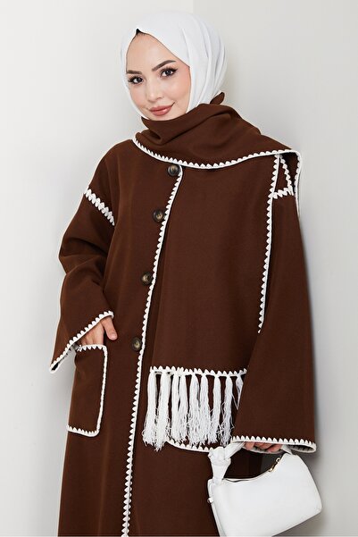Bestenur Arlin Scarf-Collar Long Coat 1591 - Brown