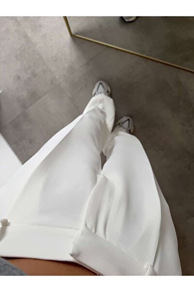 BB Bensu Buyruk PREMİUM YÜKSEK BEL TOK KUMAŞ BEYAZ PALAZZO PANTOLON