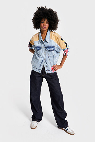 its basic Kadın Kot Rengi Oversize Renkli Baskılı Özel Tasarım Denim Ceket