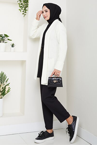 Bestenur Πλεκτό Ζακέτα με γιακά Enfil 1598 - Λευκό